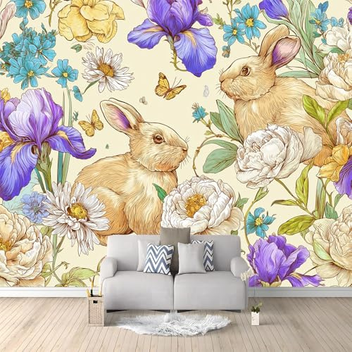 Cachi Muralo - Retrò Floreale Animale Coniglio Carta da parati 3D per cameretta dei bambini in tessuto non tessuto, per ragazze e ragazzi decorazione da parete 250 x 175 cm