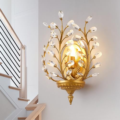 Ganeed Crystal Wall Lights Antique Retro 1 Light E14 Gold (1 Pack) | Vintage French Style Rustic Indoor Wall Lamps for Stairwell Hallway Porch Landing Bedroom