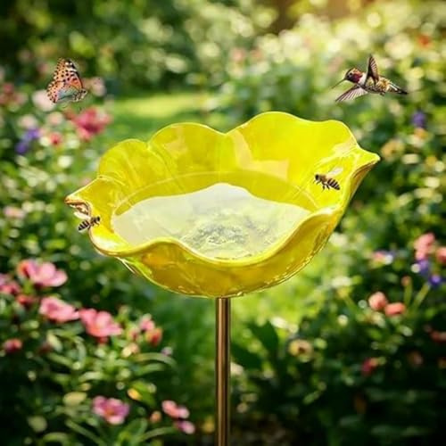 AOBUJDUB Pali da giardino in metallo con fiori, vaschetta per uccelli fatta a mano, abbeveratoio per api, vaschetta colorata per api e farfalle per la decorazione del giardino(Yellow,1pcs)