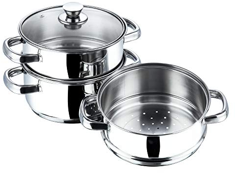 Vinod Stainless Steel 3-Tier Steamer Pot - 20 cm | Sturdy Handle & Vented Glass Lid | Induction & Gas Compatible | 2.5mm Thick Base | Multipurpose Steamer Cooking Vegetable, Momos, Dumplings