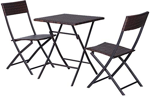 Outsunny Set da Giardino Pieghevole da 3 Pezzi in Rattan PE e Metallo, Set 2 Sedie e Tavolino da Caffè, Protezione dai Raggi UV, Set di Mobili da Balcone, per Patio e Cortile, Marrone