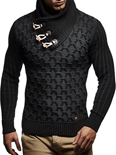 Leif Nelson Herren-Strickpullover Strick-Pulli mit Schalkragen Moderner Woll-Pullover LN5385 Schwarz Anthrazit X-Large