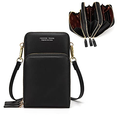 myfriday Crossbody telefonväskor för kvinnor liten axelväska handväskor multifunktionell mobiltelefonväska lätt plånbok plånböcker 3 huvudfickor med kortfack, A-svart, en storlek
