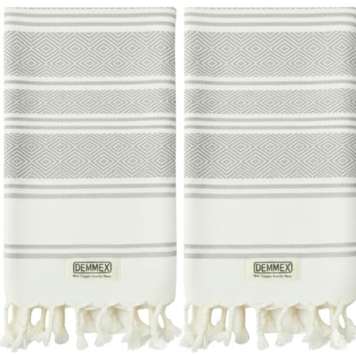 DEMMEX Certified Organic & OEKO-TEX Turkish Cotton Hand Towels - Set of 2, Quick Dry, Absorbent for Bathroom, Kitchen, Travel – Soft Diamond Weave, Prewashed, 45X90cm (Grey)