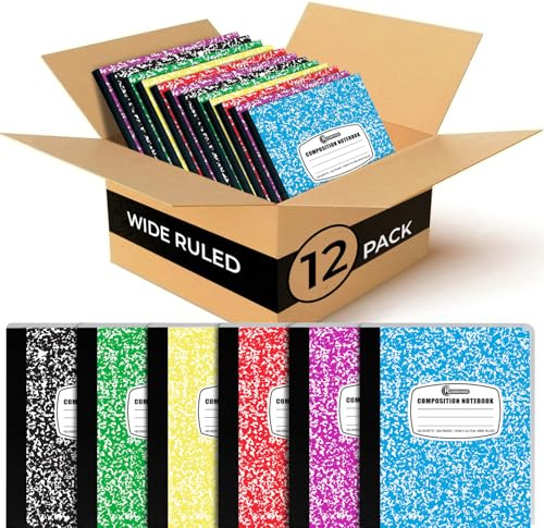 Rosmonde 12 Pack Bulk Composition Notebook Wide Ruled, 200 Pages (100 Sheets), 9-3/4 x 7-1/2, Hard Cover Wide Ruled Notebook Bulk, Assorted Colors Composition Notebook For School, Colors May Repeat