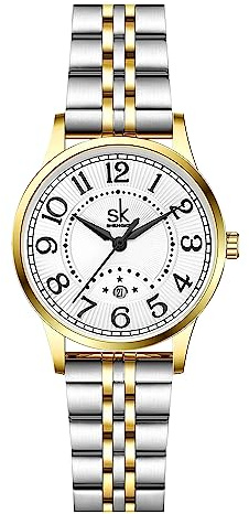 SHENGKE SK Business Klassische Damenuhr mit echtem Leder, Edelstahlband, Elegante Damenuhr, Römischer Stahl