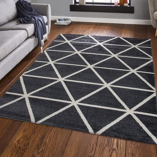 VIMODA Teppich Kurzflor Pastellfarben Weiss Rauten Design Robust in versch. Farben, für Wohnzimmer, Schlafzimmer, küche, Farbe:Anthrazit, Maße:160x220 cm