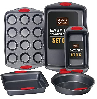Set of 5 Bakeware Pans - 1 x Round Pan, 1 x Square Pan, 1 x Cookie Sheet, 1 x Loaf Pan, Pans for Baking, Non-Stick, Duraslate Coating, with Easy Grip - 5 Pieces Baking Set