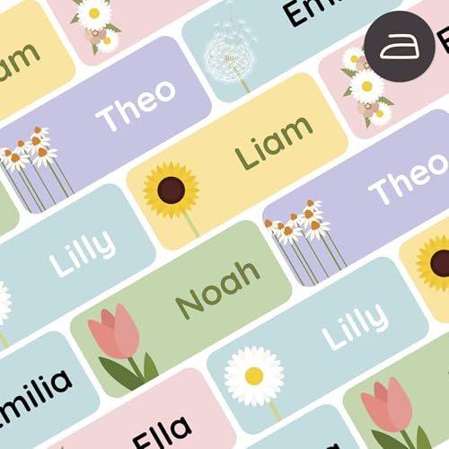 Klebekerlchen® Personalisierbare Bügeletiketten - Namensschilder für Kleidung, Sticker zum Aufbügeln, Etiketten für Kleidung - 120 Stück, 3 x 1,3 cm, Kinder, Schule, Senioren - Blumen