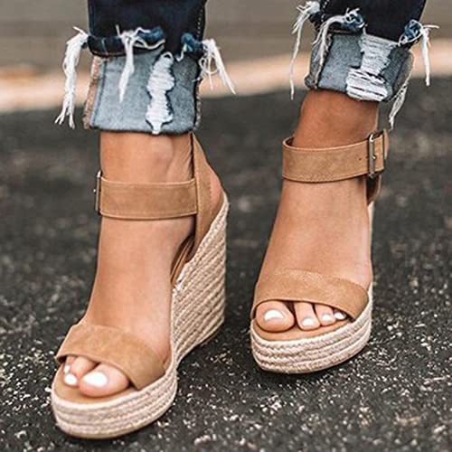 HIONRE Vintage Confortables Chaussons de Plage Sandales,Sandales en Corde de Chanvre de Paille, Sandales à Plateforme compensée, Marron, 38,Mode Cuir Croiser Sandales Femme