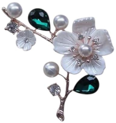 Broche bijou Fleur Blanche, Cristal Vert et Perles nacrées.