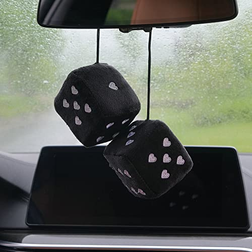 2 Paar Auto Hängend Ornament, Schaukel Fuzzy Plüsch Würfel mit Punkten Auto Rückspiegel Hanging Zubehör Auto Dekoration Charm Anhänger Auto Ornamente Innenspiegel Anhänger - Schwarz 7.5cm