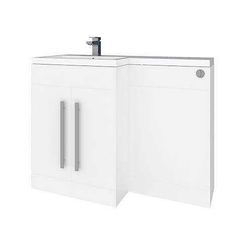 Aquariss 1100mm LH Vanity Unit Gloss White Sink & BTW Toilet Unit | Flat Packed, Painting Finish, L Shape Bathroom Storage Unit, Free Standing Combination Vanity Unit Set