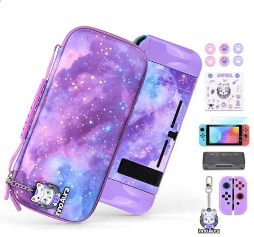 Étui pour NS Switch, innoAura 14-en-1 Switch Set D'accessoires avec Transport Sacoche Switch,NS Switch Game Case, Housse Switch, Film de Protection D'écran et Protège-Pouce (Violette Voie Lactée)
