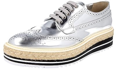 Prada Women's 1E722E 6XE F0118 Silver Full Brogue Leather Lace-up Shoes UK 6.5 / EU 39.5