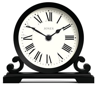 JONES CLOCKS® Saloon Kaminsims Uhr | Traditionelles doppelschneckendesign | Schwarz | Römische ziffern | Klassischer Stil für Schreibtisch, Tisch, Regal oder nachttisch