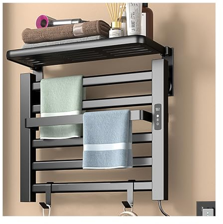 SWHC Heated Towel Rail, 100W Towel Warmer Digital Display Radiator Towel Rail Wall Mounted Electric Towel Rail Timer 1-9H, 6-Bar Bathroom Radiators 50 * 45 * 22cm Electric Towel Radiator