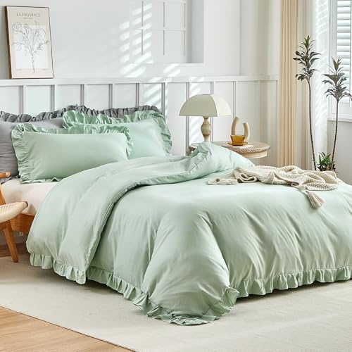 Tokokimo Juego de funda de edredón con volantes, tamaño King, juego de ropa de cama verde salvia, funda de edredón de microfibra suave de 230 x 220 cm con 2 fundas de almohada, regalos de ropa de cama