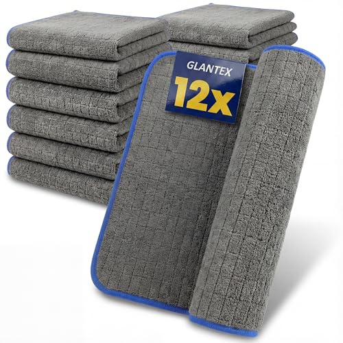 GLANTEX 12X Lackschonende Mikrofasertücher 380 GSM, super Saugstark, Poliertücher, fusselfreie Microfasertücher für die Autopflege, Microfasertuch Auto und Motorrad, 40cm x 40cm