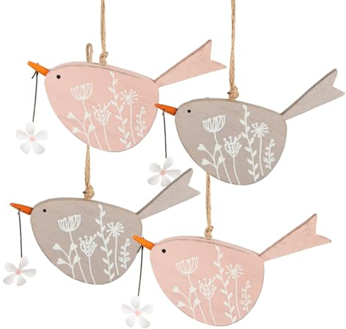 Logbuch-Verlag 4 Vögel Ostern Anhänger aus Holz Osteranhänger Deko 14 cm Hochzeitsdeko Hochzeitstauben rosa naturfarben
