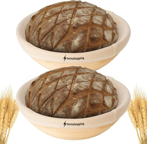 Banneton Bread Proofing Basket - Banneton Basket Set of 2 Pack 7 inch Round Sourdough Proofing Basket with Liner - Handmade Rattan Proofing Rising Bowl for Artisan Bread Making Baking Supplies
