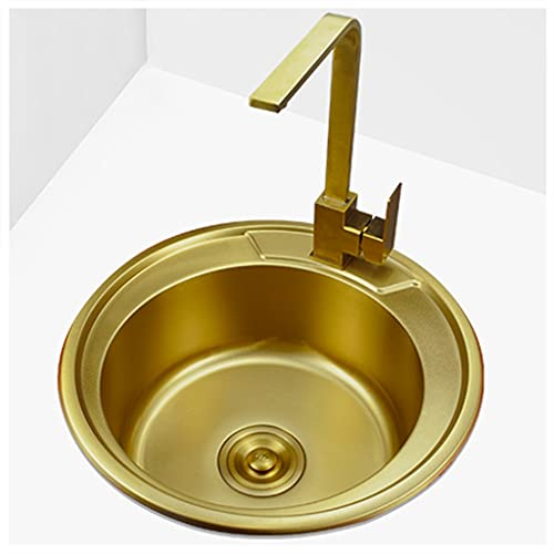 Küchen-Einzelbeckenwaschbecken, goldene Bartheke, rundes Waschbecken, Badezimmerwaschbecken aus Edelstahl 304 mit Wasserhahn und Installationssatz, Einbau- oder Unterbau-Waschbecken (Farbe: Gold, Grö