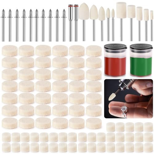 Annickee 154 piezas Ruedas de Pulido de fieltro de lana con pasta pulir, Ruedas de Pulido de Lana con Vástago de 3 mm, Disco de Rueda de Pulido de Lana para Joyería Vidrio Metal Madera Lijado y Pulido