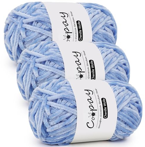 Coopay, filato di lana per uncinetto – 3 x 100 g di filato velluto, spesso e morbido, per coperte, sciarpe, colore azzurro cielo