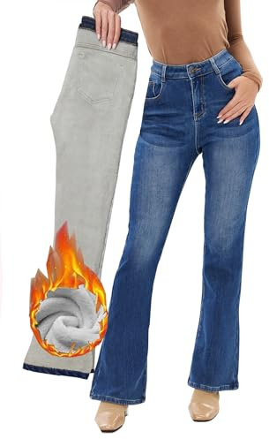 Fakanhui Jeans con forro polar para mujer, acampanados, corte de bota, térmicos con forro de franela, pantalones de mezclilla cálidos