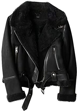 FUPODD Lederjacke Damen Gefüttert Winterjacke Damen Warm Leder Jacke Damen Winter Ledermantel Frauen Innenfutter Fellkragen Wintermantel Innen Mit Fell Fleece Motorrad Vintage Mantel Reißverschluss