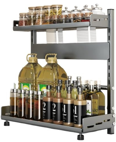 TRAYINDALY 2 Ebenen Gewürzregal Stehend, Höhenverstellbares Gewürz Organizer, Gewürzregale aus Metall mit Schutzgitter und Messerhalter, Spice Rack Schwarz, Gewürzständer für Küche Arbeitsplatte