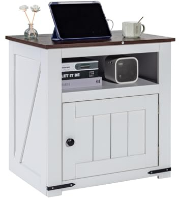 VEVOR Tavolino da Salotto in Stile Fattoria 610 x 457 x 608 mm Comodino da Casa con Porte USB e Prese, Tavolino a 3 Ripiani con Mobiletto Portaoggetti, per Soggiorno, Camera da Letto, Ufficio, Bianco