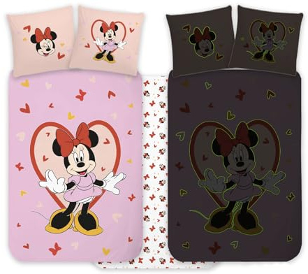 BrandMac Minnie Mouse Bettwäsche-Set für Kinderbett, 100 x 135 cm + Kissenbezug 40 x 60 cm, 100 % Baumwolle, nachtleuchtend, Baby-Bettwäsche-Set, perfekt für Kinder, Minnie Mouse, weiche