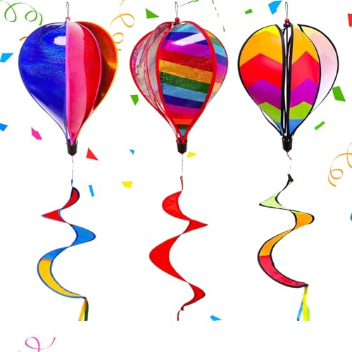 Hot Air Balloon Wind Spinners, 3x Airship Breeze Spinner, 10.6 Inch Dynamic & Quick Setup, Windsock Ornament Outdoor Decoration for Gathering Birthday, Garden, Patio, Tree, Fences