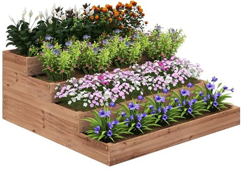 Outsunny Orto Rialzato da Esterno a 4 Livelli in Legno di Abete, Fioriera da Balcone con Fondo Aperto e Fodera in Tessuto, per Piante, Fiori e Verdure, per Giardino Balcone, 113x113x46 cm, Caffè Scuro