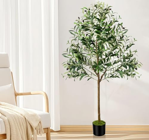 Lindahandel Olivenbaum Künstlich, 150cm Kunstpflanzen Groß, Fake Olivenbaum mit Kunstmoos zum Dekorieren, Artificial Olive Tree im Topf Oliven Baum Künstlich für Wohnzimmer Büro Mediterrane Deko
