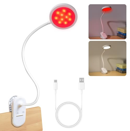 YKeluxon Red Light Therapy 625nm Reading Lights, LED Happy Lamp 4500K, Sleep Aid Lamp Dimmable, Rechargeable Eye Care Clip on Light with or Desk, Laptop, Table, Headboard (White)