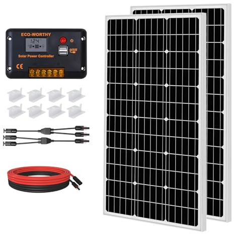 ECO-WORTHY Lot de 2 panneaux solaires monocristallins 200 W 12 V 100 W avec régulateur de charge LCD 30 A pour camping-car, caravane, bateau, camping, système solaire complet