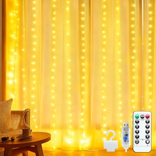 Bzavor LED Lichtervorhang Innen 2x2m,200 LED Lichterketten Vorhang mit Fernbedienung 8 Modi,IP65 Wasserdicht Lichtervorhang Innen Außen Deko für Schlafzimmer Zimmer Party Weihnachten Deko,Warmweiß