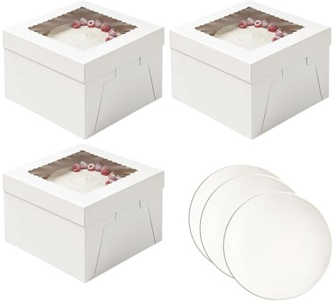 QhgPnt 3 Pack White Cake Box with Boards, 8x8x8 Inch Tall Cake Box and Board Set for Bento Cakes, Layer Cakes, Wedding and Birthday Cakes, Sturdy Cake Boxes with Matching 8 Inch Cake Boards
