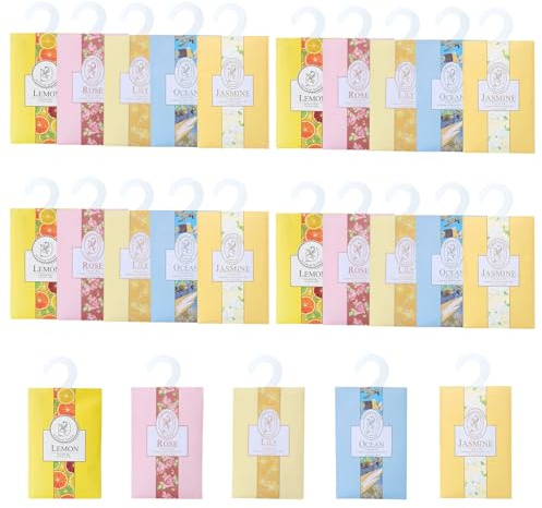 Lot de 25 sachets parfumés pour penderie - Jasmin, lys, rose, océan, citron - Sachets parfumés pour tiroirs, voiture, salle de bain - Parfum frais longue durée pour la maison