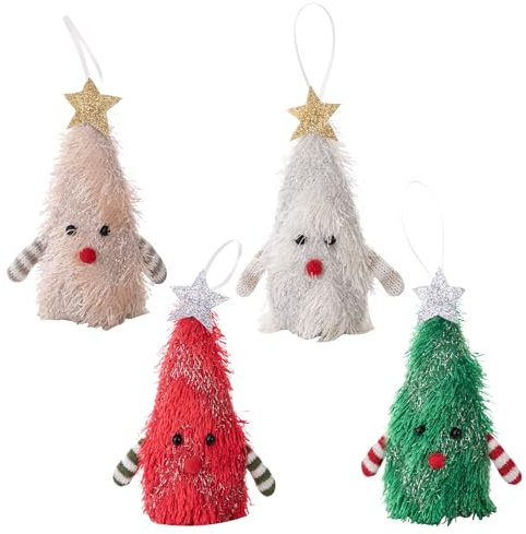 Fictory 4 adornos iluminados para árbol de Navidad, mini decoración de árbol iluminado con 4 colores (verde, rojo, rosa, blanco), decoraciones colgantes alimentadas por pilas para decoración del hogar