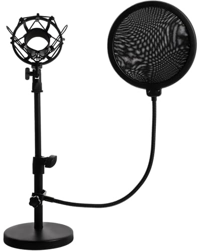 Adjustable Metal Desktop Mic Stand with Shock Absorption, Black | Includes Mic Filter and Pop Filter, for Radio Broadcasting and Audio Recording Studios