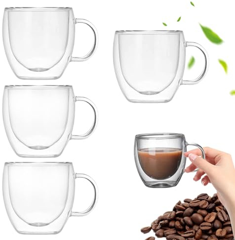 4 st kaffemuggar i glas med dubbla väggar 143 ml kaffemugg i klart glas espressokoppar värmebeständiga koppar med säkert grepp perfekt för espresso te mjölk och juice, mugg, dubbelvägg C
