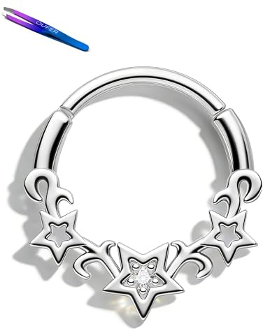 OUFER Body Piercing 16G 316L Stainless Steel Hinged Segment Ring, Heart/Star CZ Septum Clicker 8mm/10mm Cartilage Earring for Helix Tragus Nose Piercing