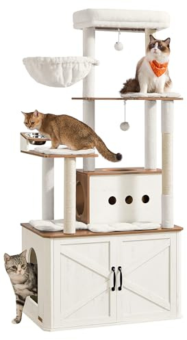 Feandrea Arbre à Chat de 170 cm, avec Cache-Litière, Niche | Station d’Alimentation, Rangement, Poteaux à Griffer, Hamac, Coussins Lavables, Collection HAINS PCT169W201