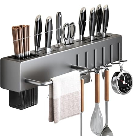 Portacoltelli da parete in acciaio inox con 10 ganci, organizer resistente alla ruggine per utensili da cucina e forbici
