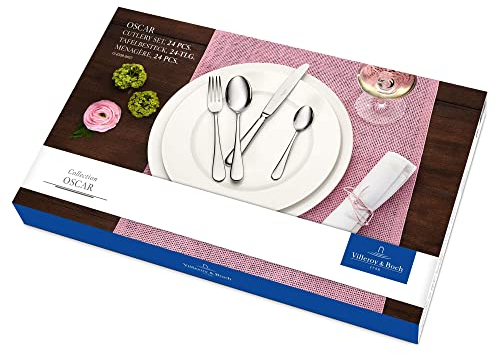 Villeroy & Boch - Oscar Tafelbesteck 24 teilig 6 Personen, Spülmaschinenfest, Rostfrei, Besteck Set, Essbesteck, Messer Gabel Löffel Set, Cutlery Set, Besteckset Edelstahl, Edelstahl