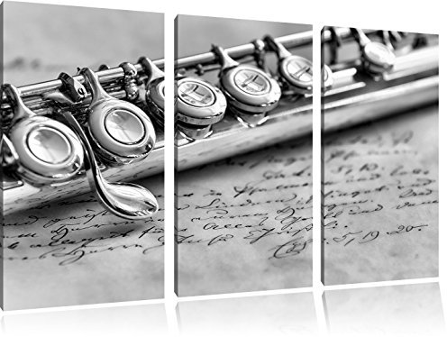 Pixxprint Detailaufnahme Einer Querflöte, Leinwandbild 3 Teilig, Gesamtmaß: 120x80cm, Wandbild, Dekoration, fertig gespannt, Kein Poster