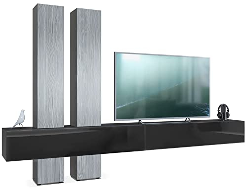 Vladon Wohnwand Moja, Made in Germany, Schwarz matt & Schwarz/Avola-Anthrazit - Moderne Anbauwand für Ihr Wohnzimmer (BxHxT) 330 x 204 x 39 cm